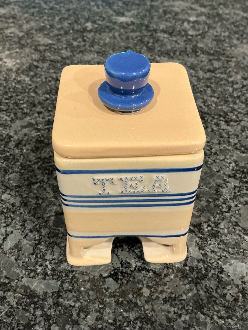 Vintage Lillian Vernon Ceramic Tea Canister with Blue Trim